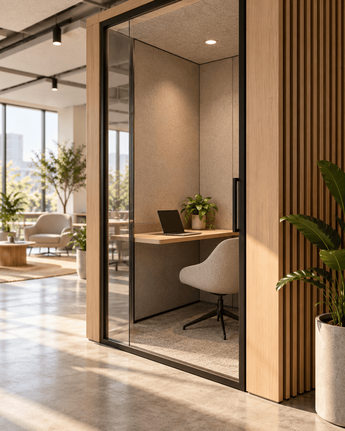 Cabina individual de trabajo con revestimientos acústicos en coworking