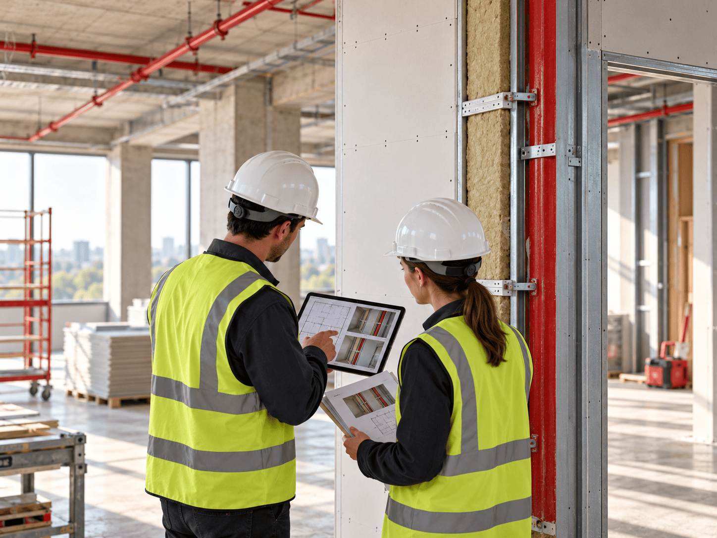 Técnicos revisando los sistemas de protección pasiva en una obra