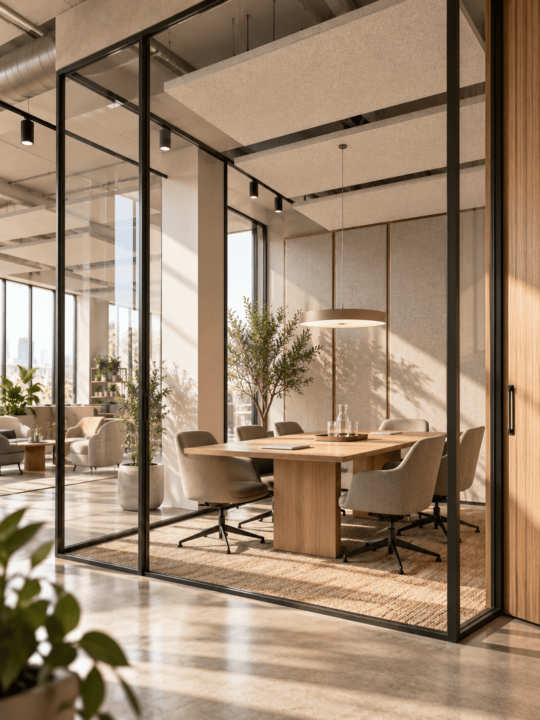 Coworking luminoso con tratamiento acústico integrado en el techo