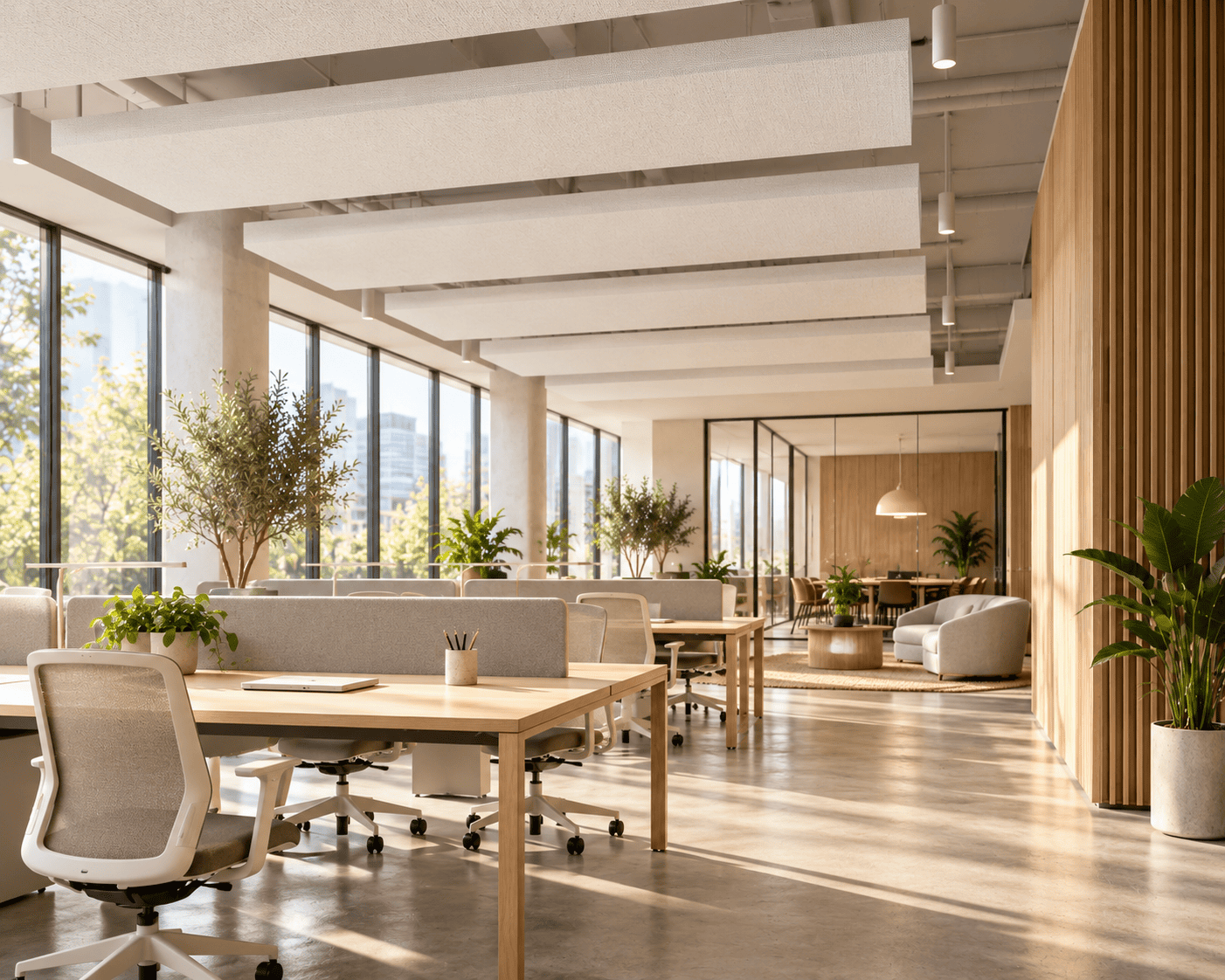 Coworking moderno con paneles acústicos suspendidos en el techo